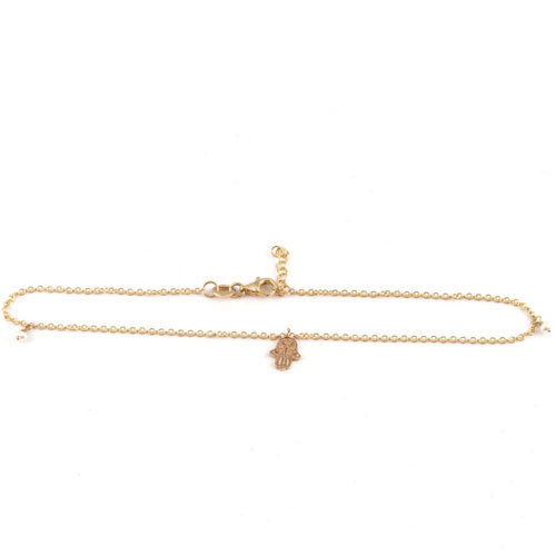 Yellow Gold Hamsa and Pearl Anklet