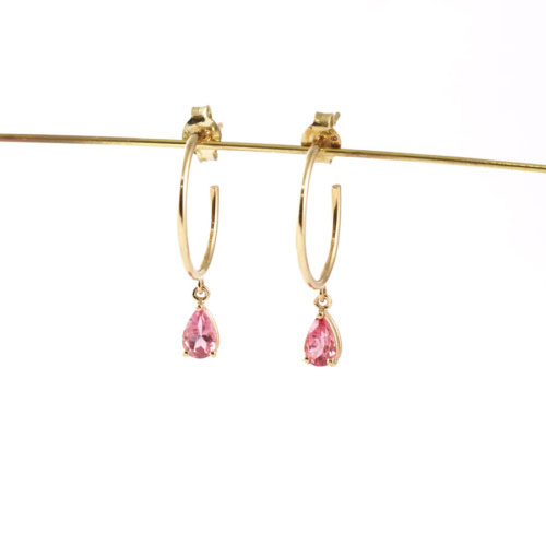 Yellow Gold Hoop Pink Tourmaline Earrings